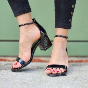 Women Ankle Straps Low Chunky Heels Sandals Black Color